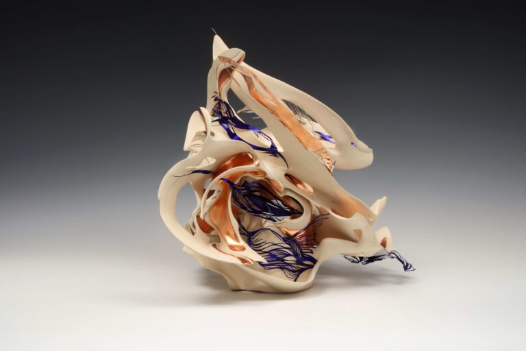 Klimek 2023 Overgrowth 16 x 11.5 x 10.5 ceramic with glaze copper leaf cut aluminum VERY SMALL 1 768x512