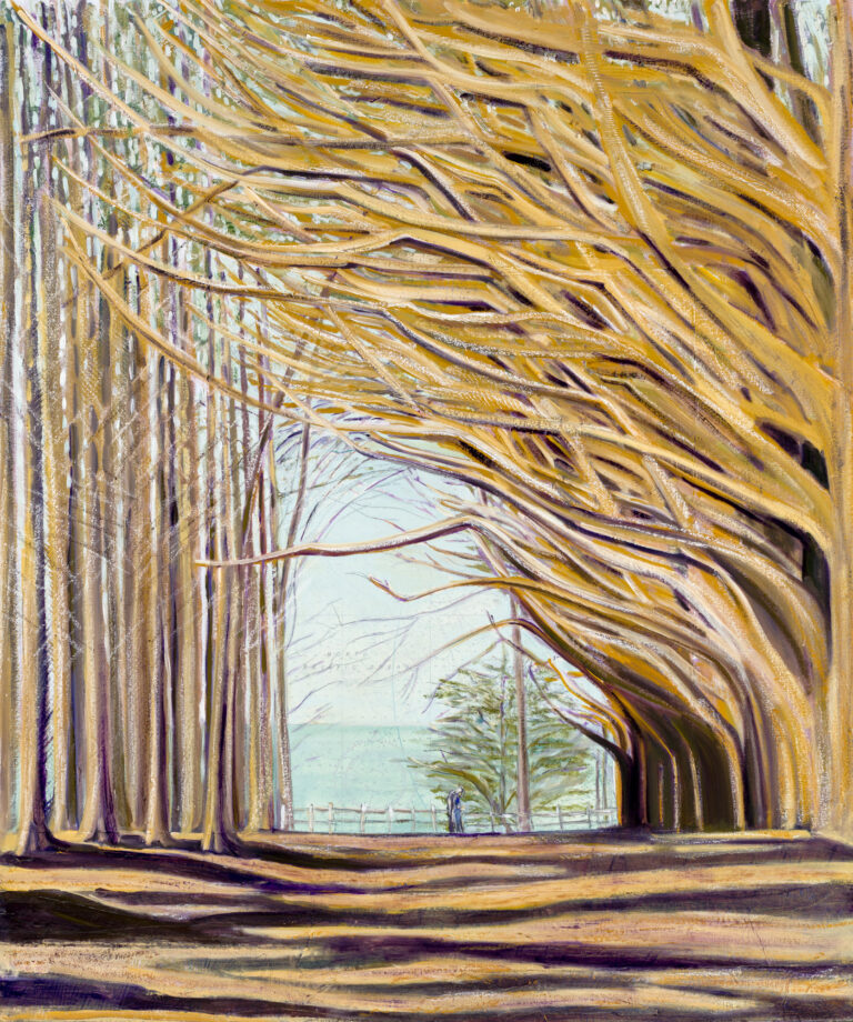 Niven Moss Beach Cypress 2026 oil paint and collage 36 x 30 inches 768x920